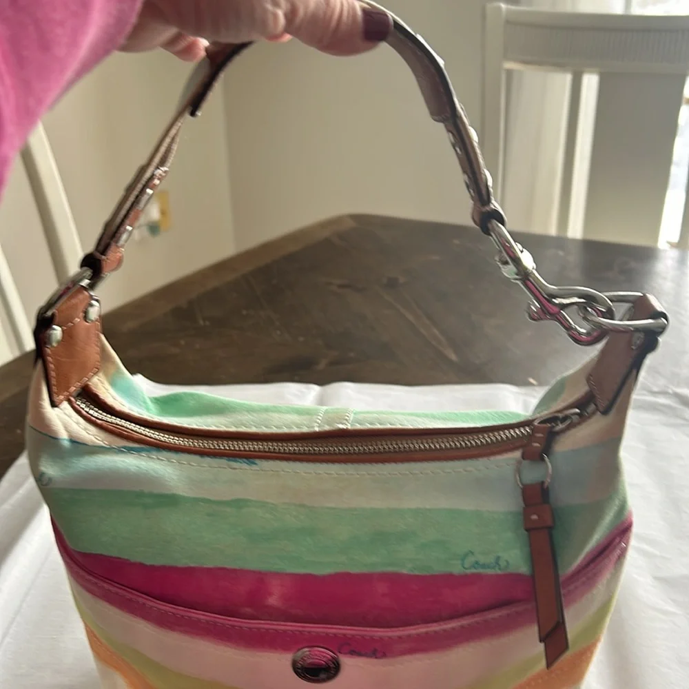 Coach Multicolor Striped Canvas Hobo Bag - Turquoise, Pink, Lime, Orange